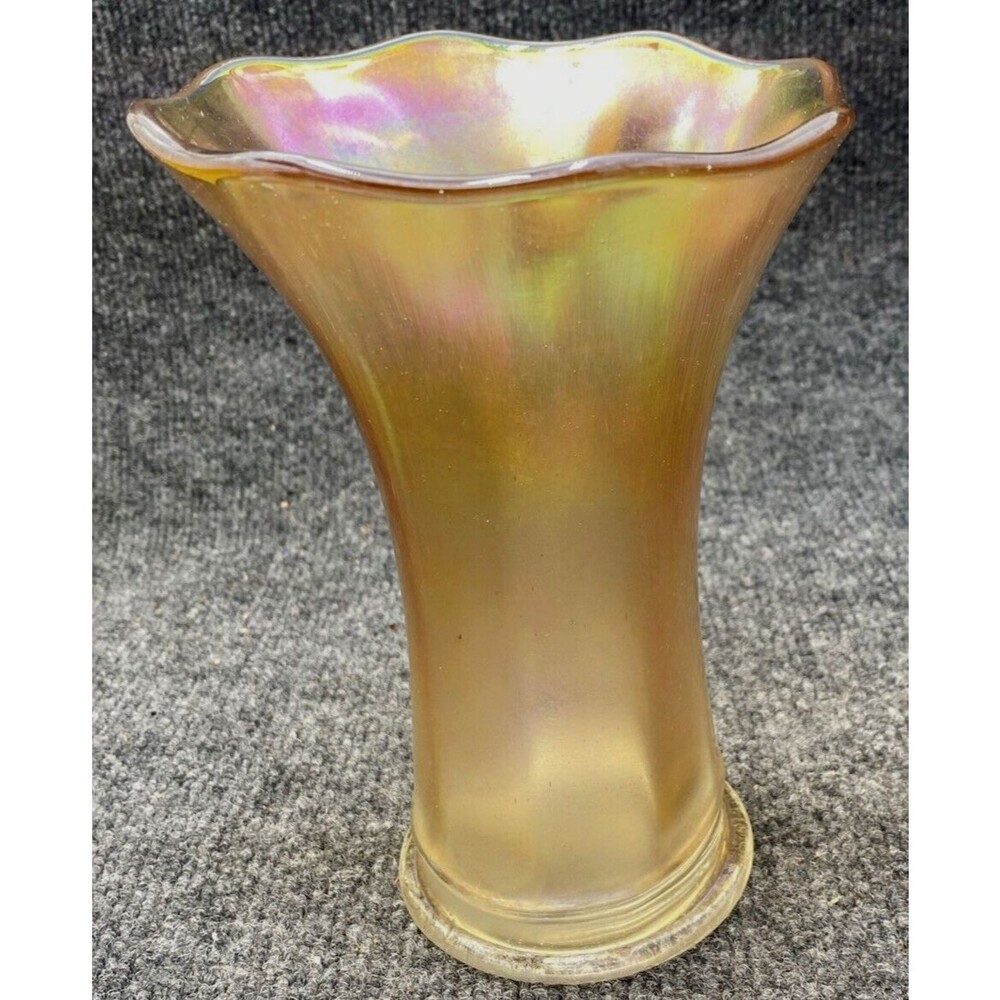 Vintage Imperial Marigold Carnival Glass Flute Vase Iridescent Swung Ruffled 7.5